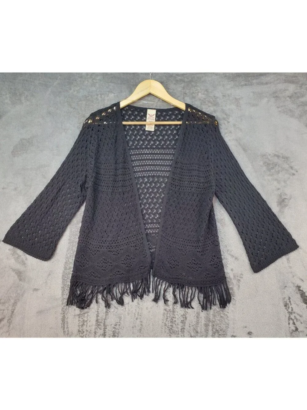 Girls Black Cardigan Sweater Size XL (14/16) Knit Open Front Fringe Boho Fairy